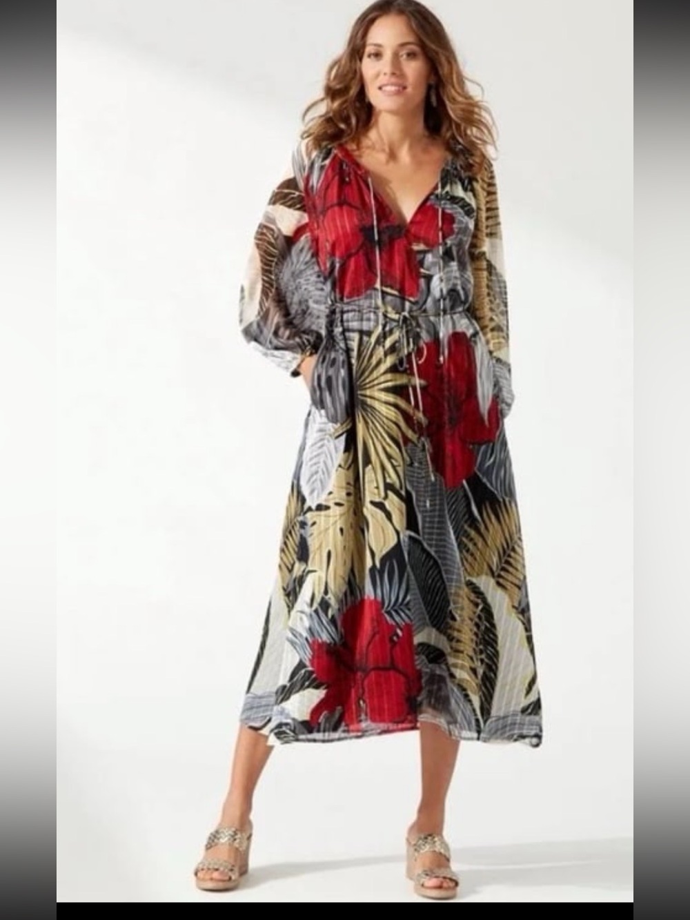 Tommy Bahama Red, Black & Gray Floral Tie-Front Maxi Dress